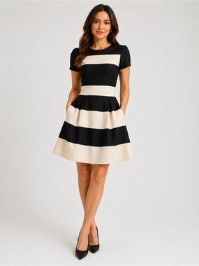 B Darlin Black and Cream Striped Fit-and-Flare Mini Dress